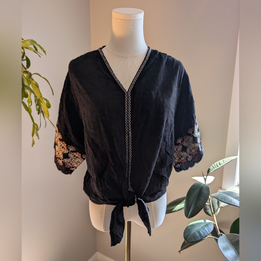 Black Floral Embroidered Tie-Front V-Neck Blouse